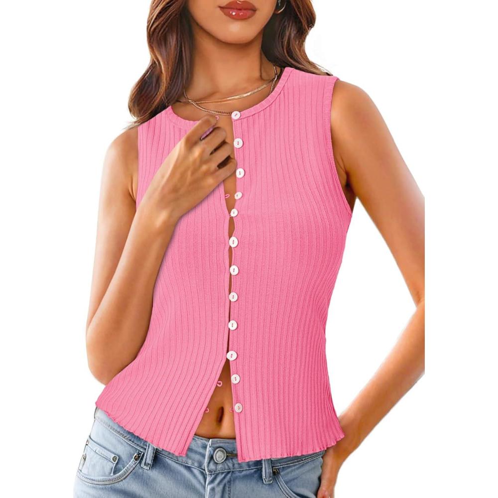 imageTankaneo Womens Going Out Tops Summer Cute Ribbed Tank Crop Button Up Vest Top Y2K Sexy OutfitsPink