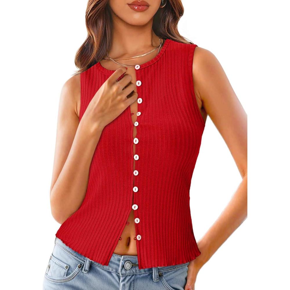 imageTankaneo Womens Going Out Tops Summer Cute Ribbed Tank Crop Button Up Vest Top Y2K Sexy OutfitsRed