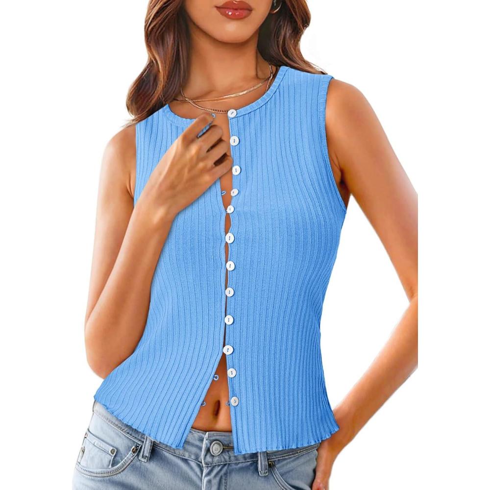 imageTankaneo Womens Going Out Tops Summer Cute Ribbed Tank Crop Button Up Vest Top Y2K Sexy OutfitsSky Blue