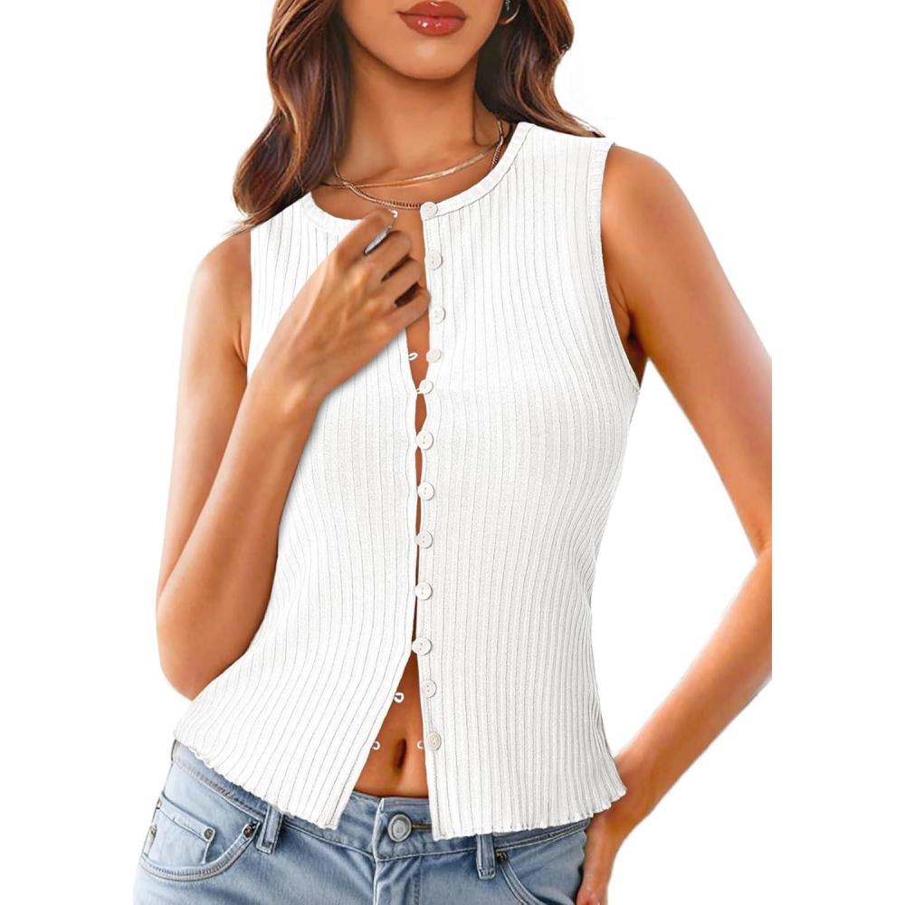 imageTankaneo Womens Going Out Tops Summer Cute Ribbed Tank Crop Button Up Vest Top Y2K Sexy OutfitsWhite
