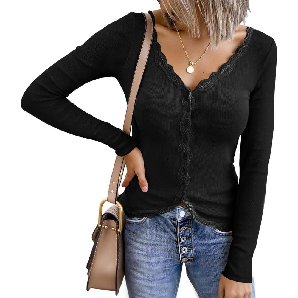 imageTankaneo Womens Lace V Neck Shirts Long Sleeve Button Fitted Tops Fall Ribbed Knit TeesBlack
