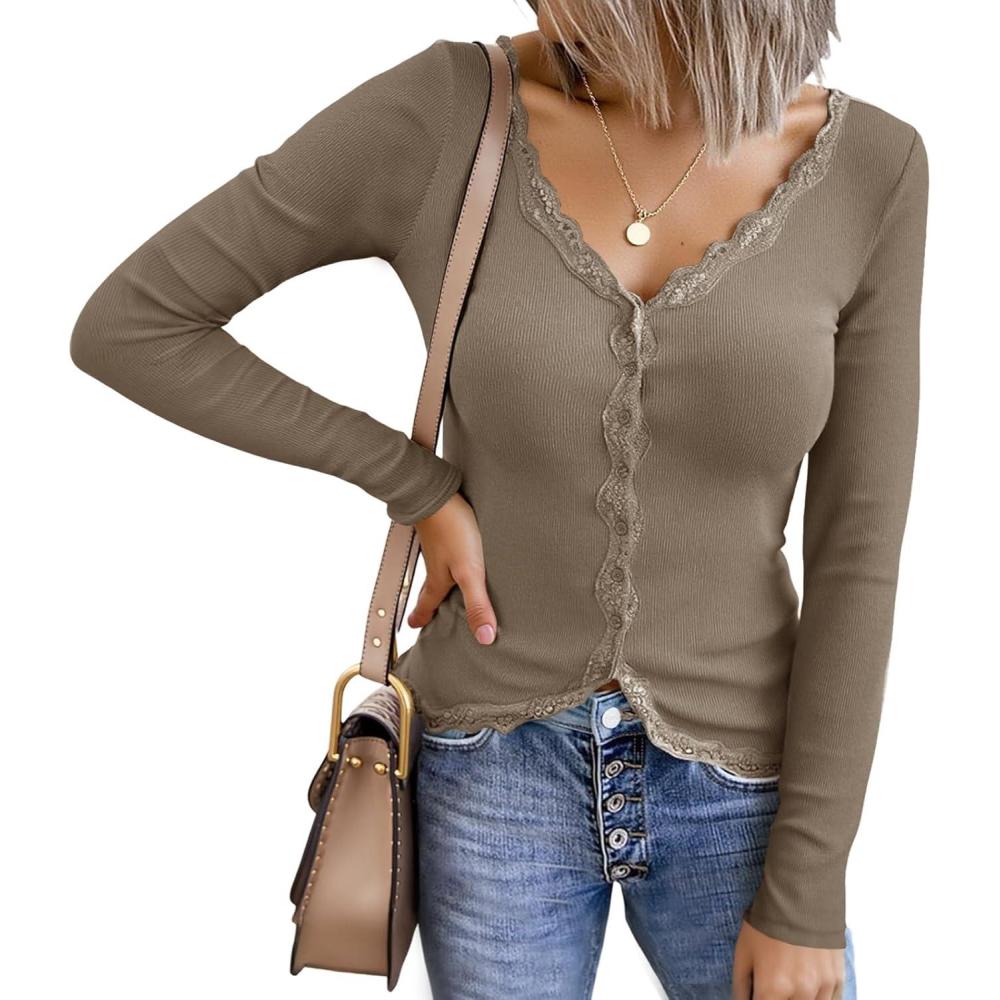imageTankaneo Womens Lace V Neck Shirts Long Sleeve Button Fitted Tops Fall Ribbed Knit TeesDark Khaki