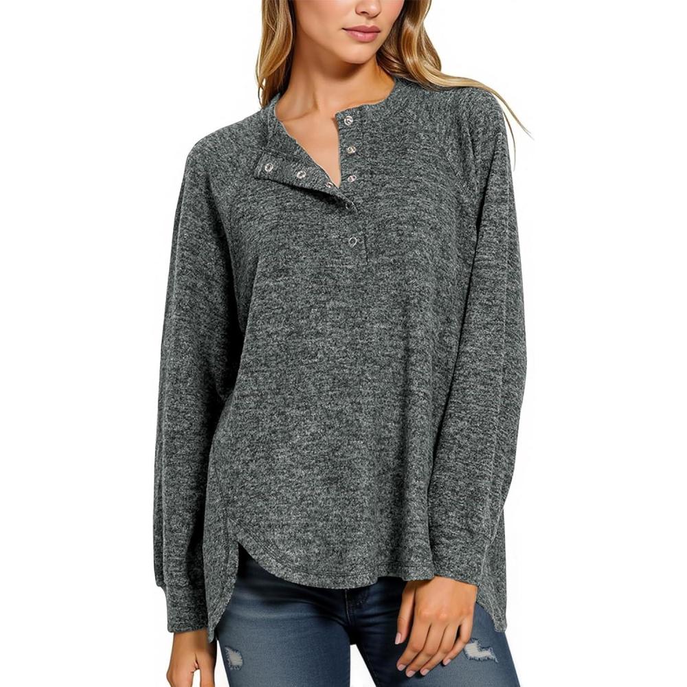 imageTankaneo Womens Long Sleeve Henley Shirts Oversized Round Neck Sweatshirts Fall Tunic Tops Casual Loose Fit TopsDark Grey
