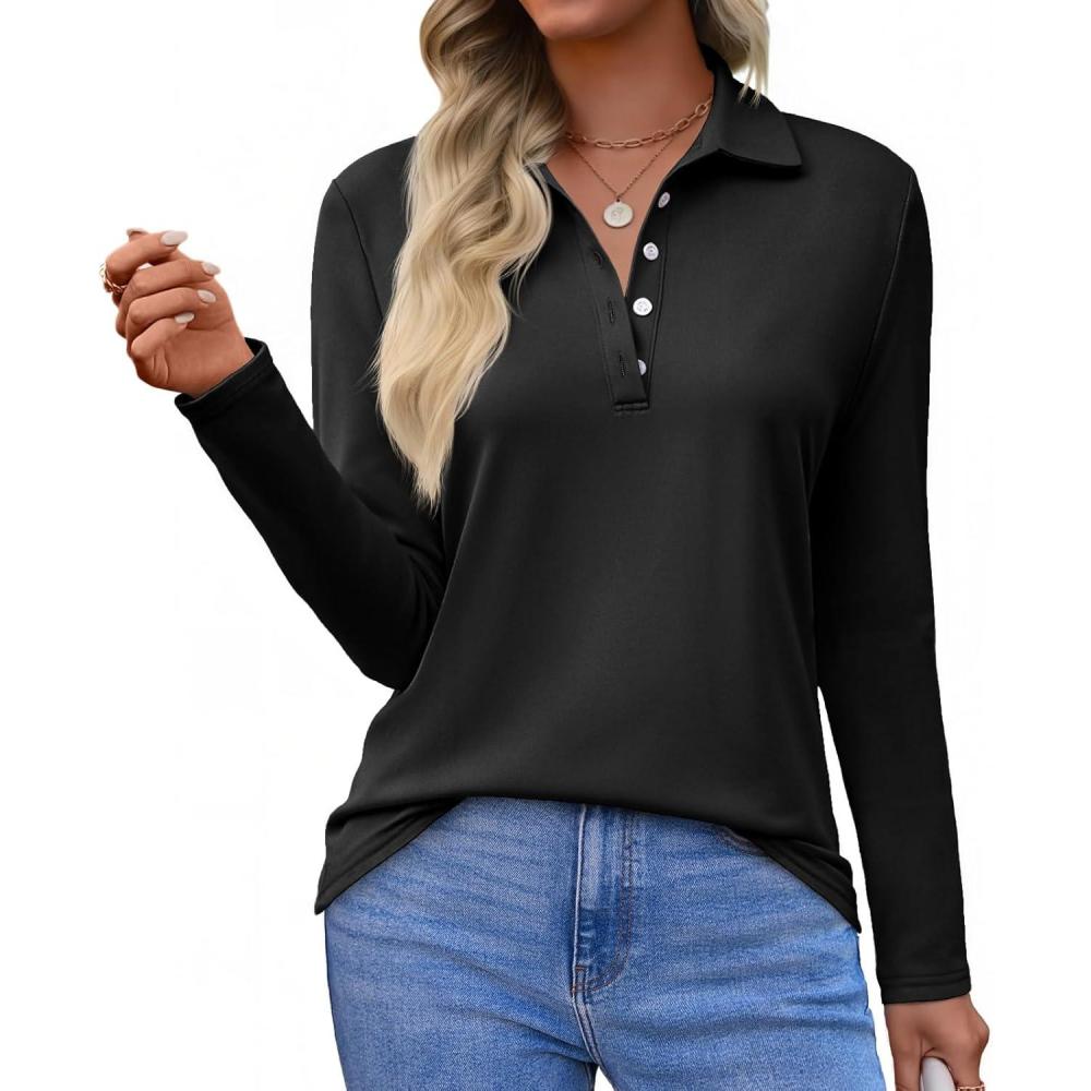 imageTankaneo Womens Long Sleeve Polo Shirts Business Work Casual V Neck Collared Tops Button Down Loose Fit Tees ShirtsBlack