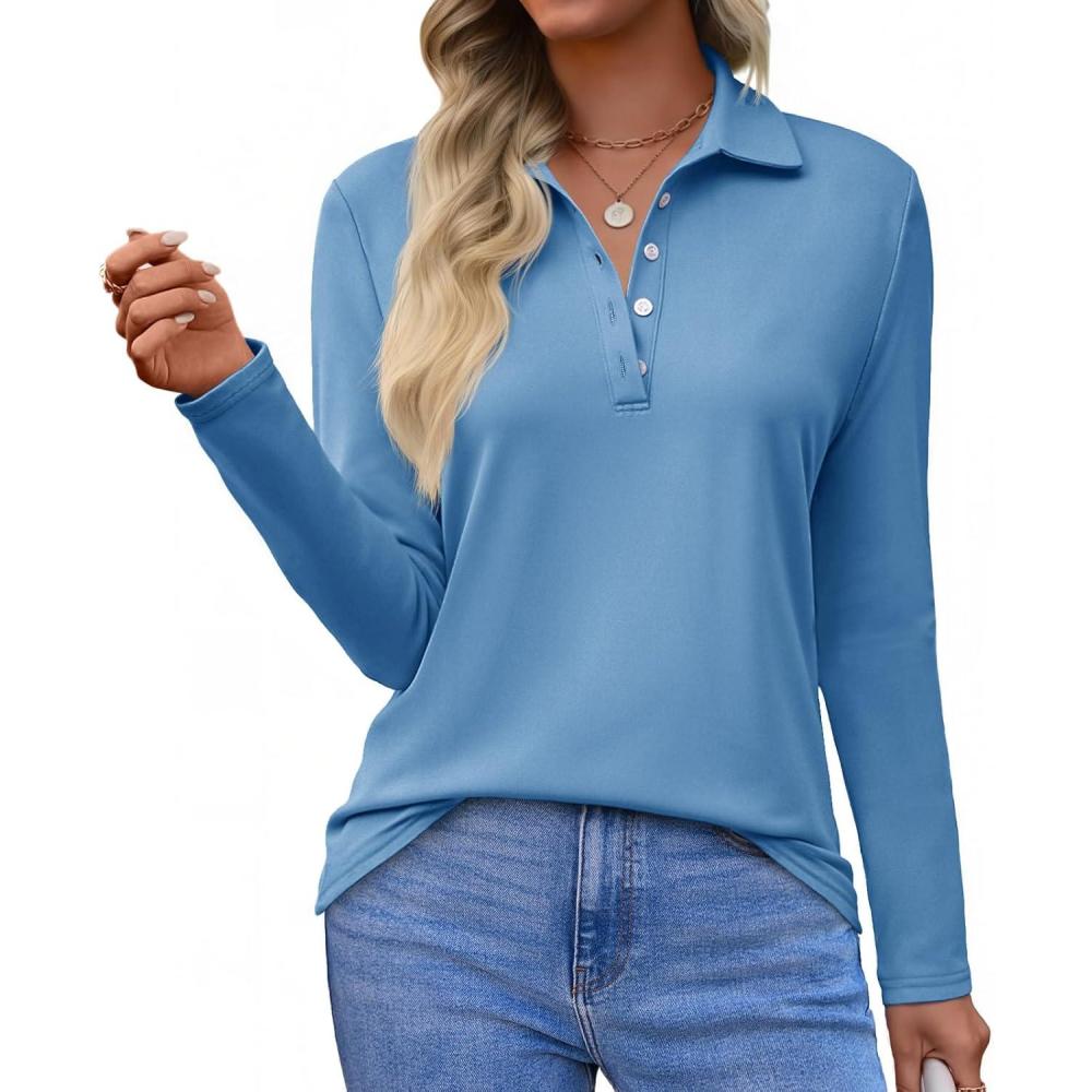 imageTankaneo Womens Long Sleeve Polo Shirts Business Work Casual V Neck Collared Tops Button Down Loose Fit Tees ShirtsBlue