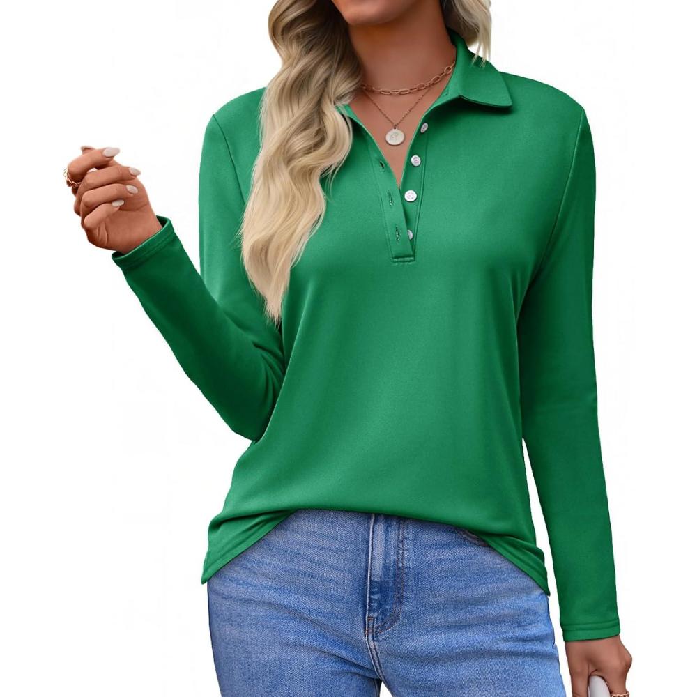 imageTankaneo Womens Long Sleeve Polo Shirts Business Work Casual V Neck Collared Tops Button Down Loose Fit Tees ShirtsGreen