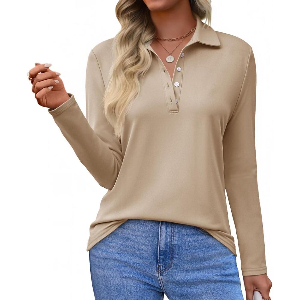 imageTankaneo Womens Long Sleeve Polo Shirts Business Work Casual V Neck Collared Tops Button Down Loose Fit Tees ShirtsKhaki
