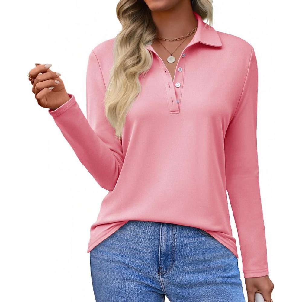 imageTankaneo Womens Long Sleeve Polo Shirts Business Work Casual V Neck Collared Tops Button Down Loose Fit Tees ShirtsPink