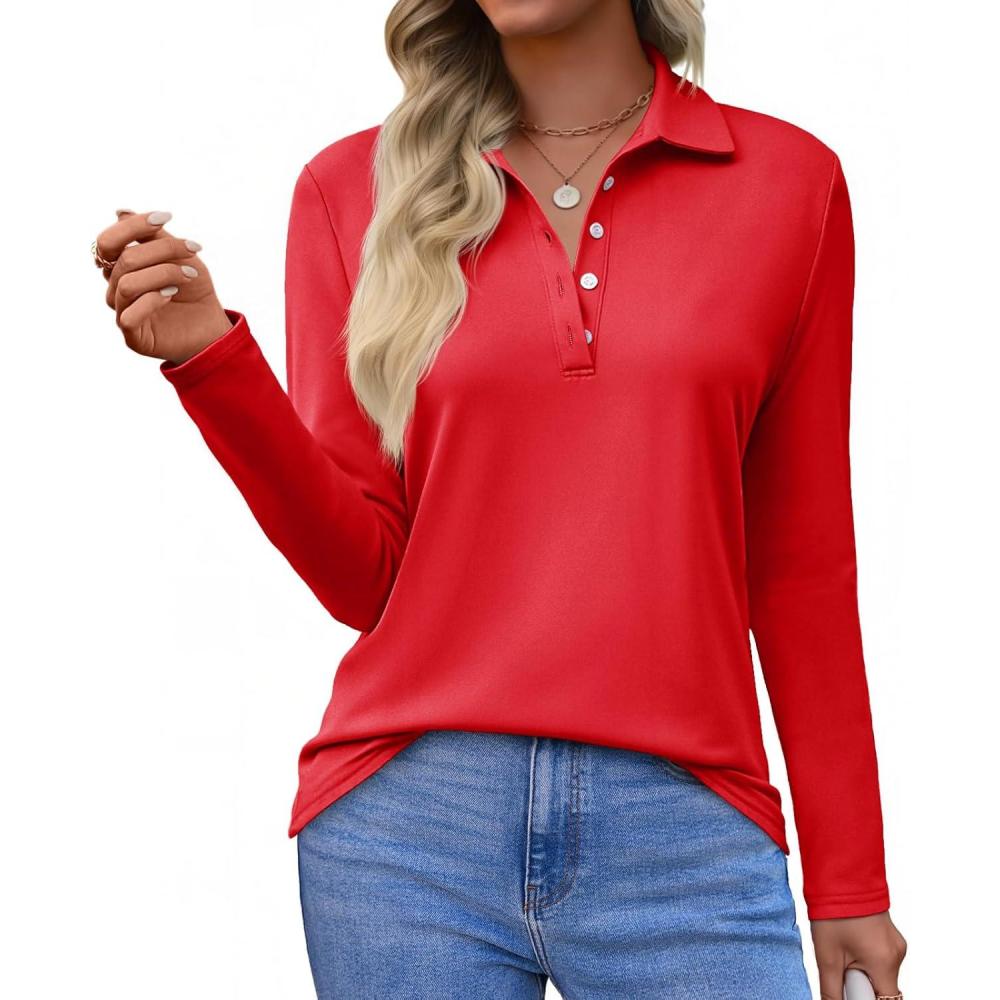 imageTankaneo Womens Long Sleeve Polo Shirts Business Work Casual V Neck Collared Tops Button Down Loose Fit Tees ShirtsRed