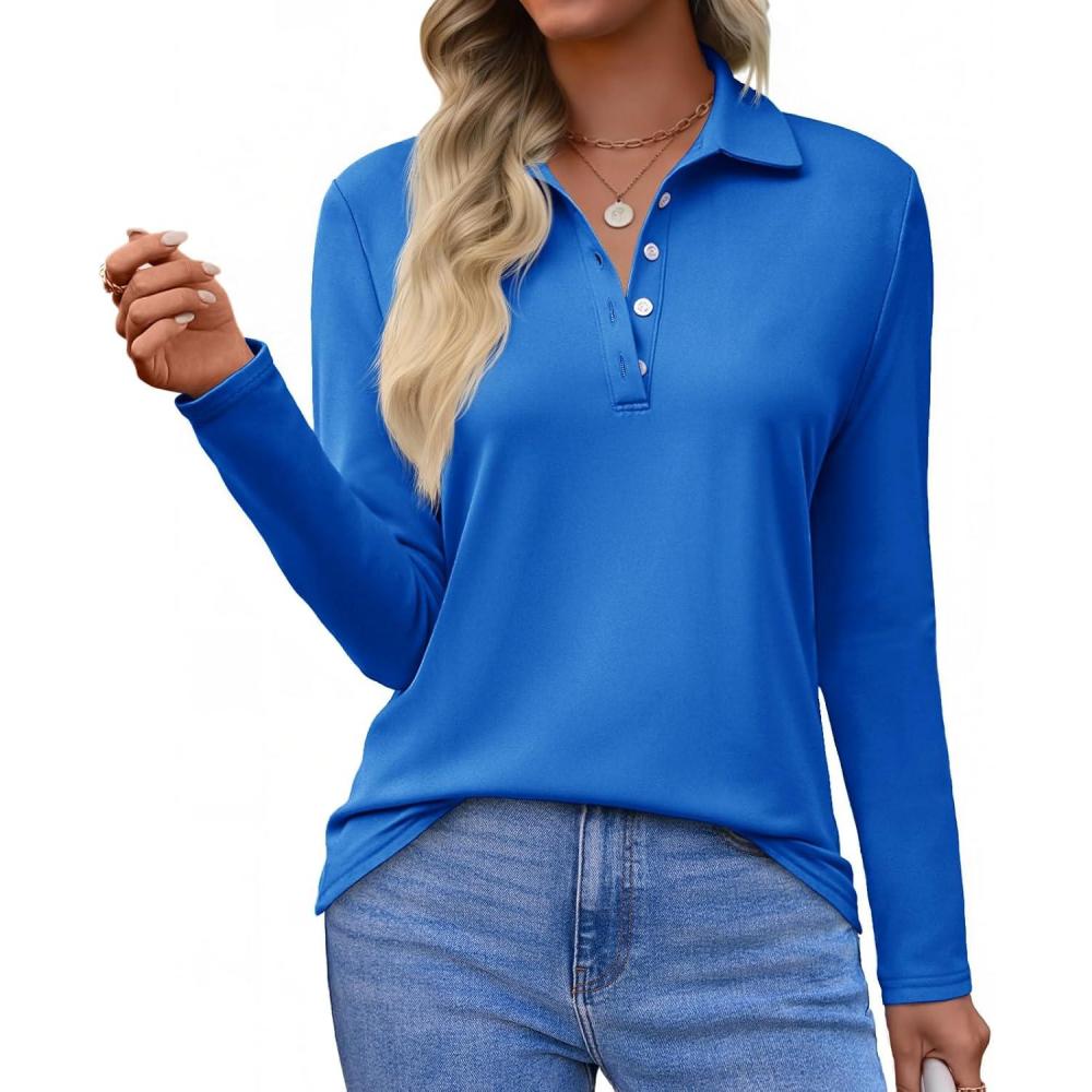 imageTankaneo Womens Long Sleeve Polo Shirts Business Work Casual V Neck Collared Tops Button Down Loose Fit Tees ShirtsRoyal Blue