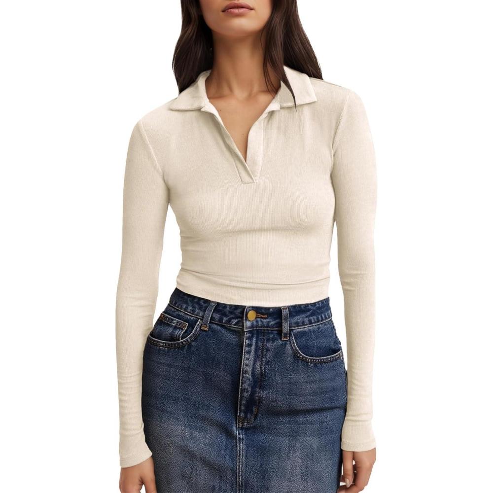 imageTankaneo Womens Long Sleeve Polo Shirts V Neck Collared Work Shirt Slim Fit Ribbed Knit Basic Going Out Fall TopsApricot