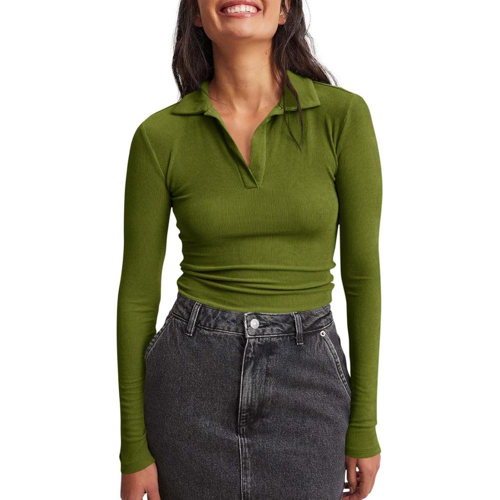 imageTankaneo Womens Long Sleeve Polo Shirts V Neck Collared Work Shirt Slim Fit Ribbed Knit Basic Going Out Fall TopsArmy Green