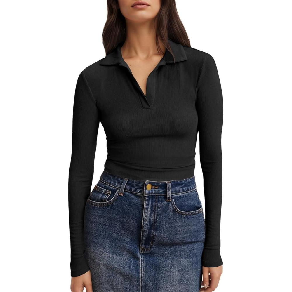 imageTankaneo Womens Long Sleeve Polo Shirts V Neck Collared Work Shirt Slim Fit Ribbed Knit Basic Going Out Fall TopsBlack
