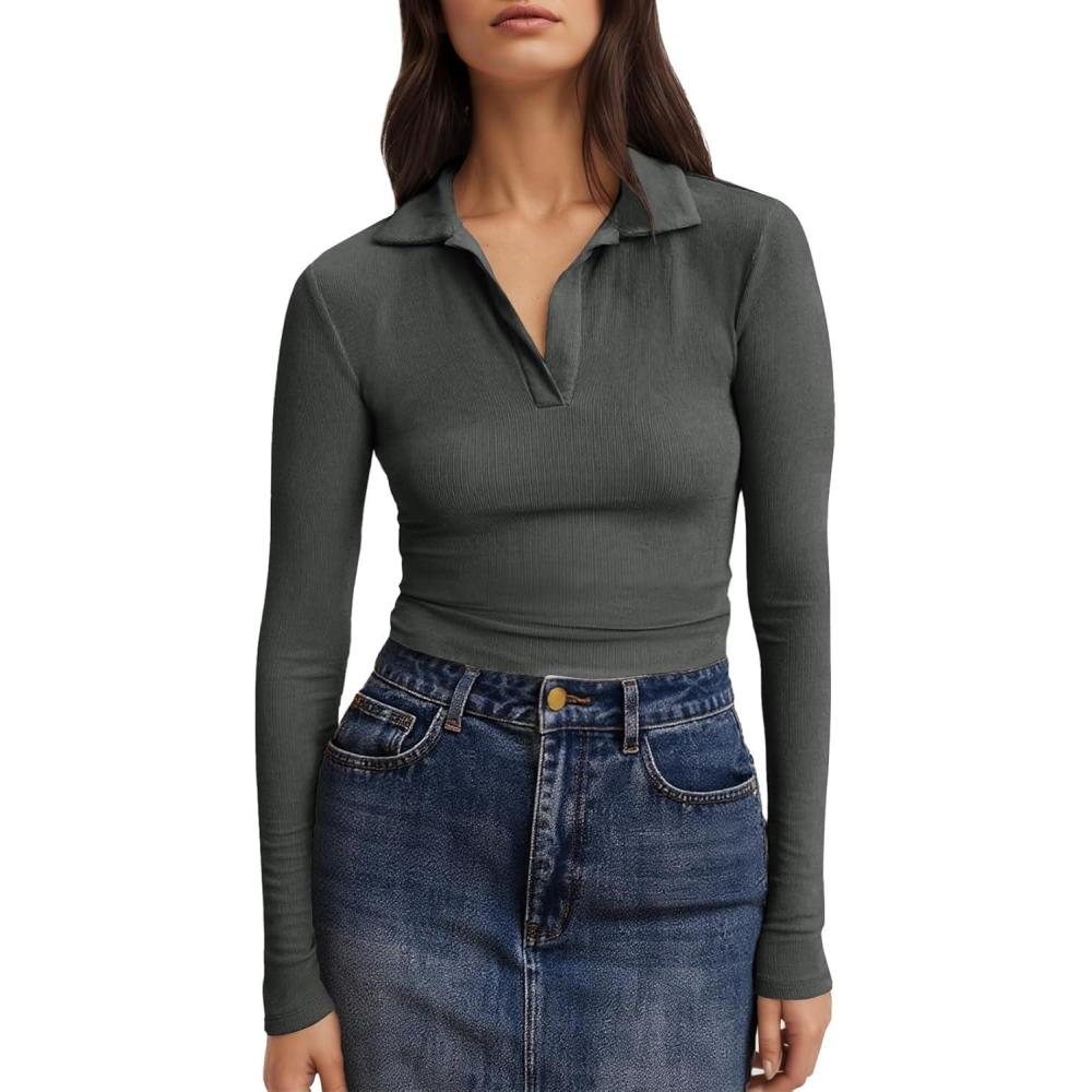 imageTankaneo Womens Long Sleeve Polo Shirts V Neck Collared Work Shirt Slim Fit Ribbed Knit Basic Going Out Fall TopsDark Gray