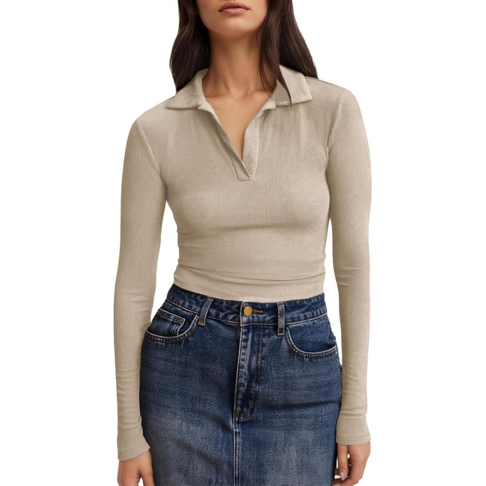 imageTankaneo Womens Long Sleeve Polo Shirts V Neck Collared Work Shirt Slim Fit Ribbed Knit Basic Going Out Fall TopsKhaki