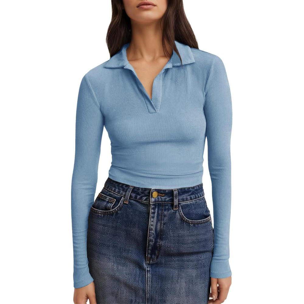 imageTankaneo Womens Long Sleeve Polo Shirts V Neck Collared Work Shirt Slim Fit Ribbed Knit Basic Going Out Fall TopsLight Blue