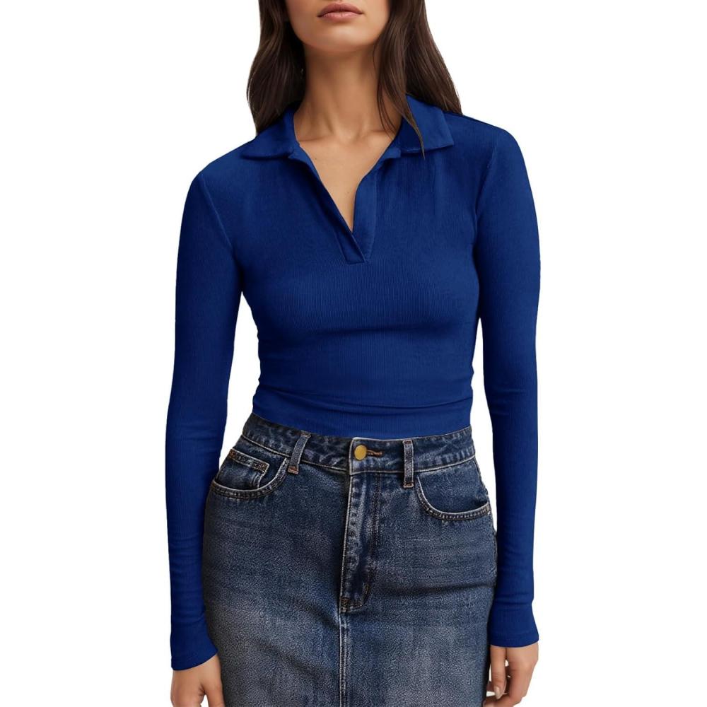 imageTankaneo Womens Long Sleeve Polo Shirts V Neck Collared Work Shirt Slim Fit Ribbed Knit Basic Going Out Fall TopsNavy