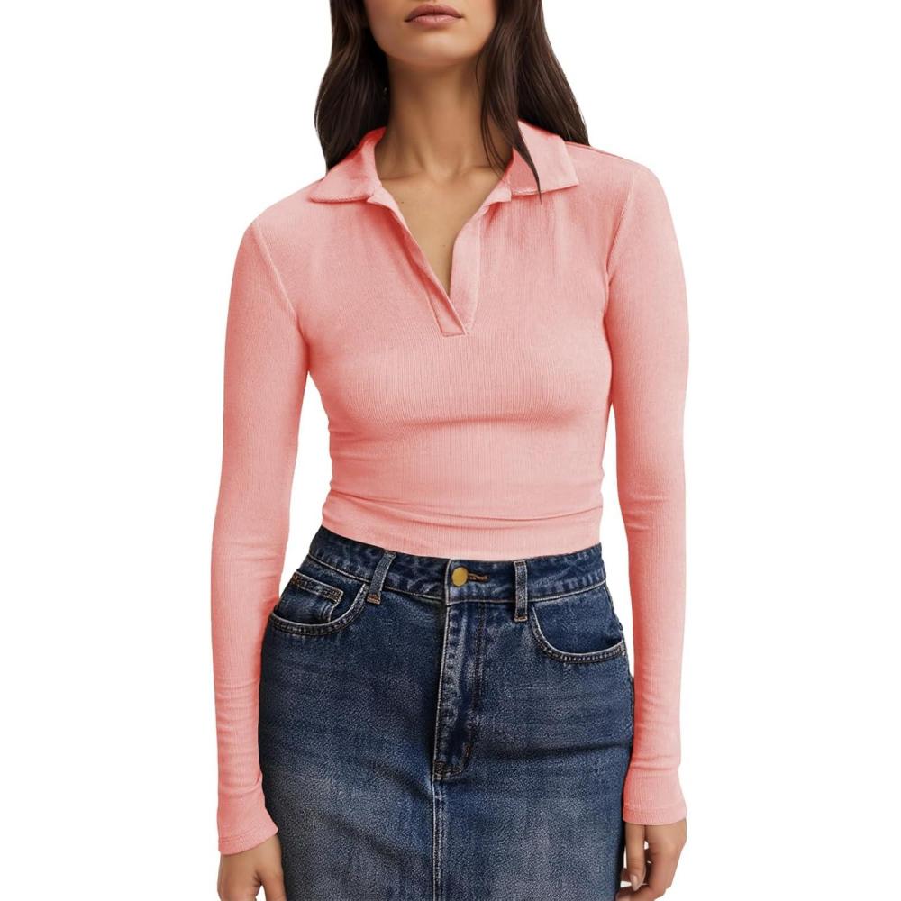 imageTankaneo Womens Long Sleeve Polo Shirts V Neck Collared Work Shirt Slim Fit Ribbed Knit Basic Going Out Fall TopsPink