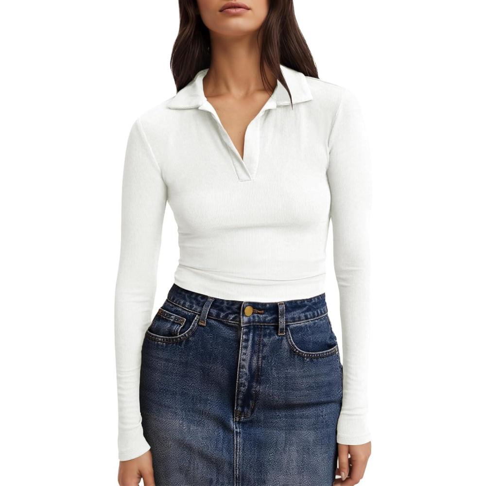 imageTankaneo Womens Long Sleeve Polo Shirts V Neck Collared Work Shirt Slim Fit Ribbed Knit Basic Going Out Fall TopsWhite
