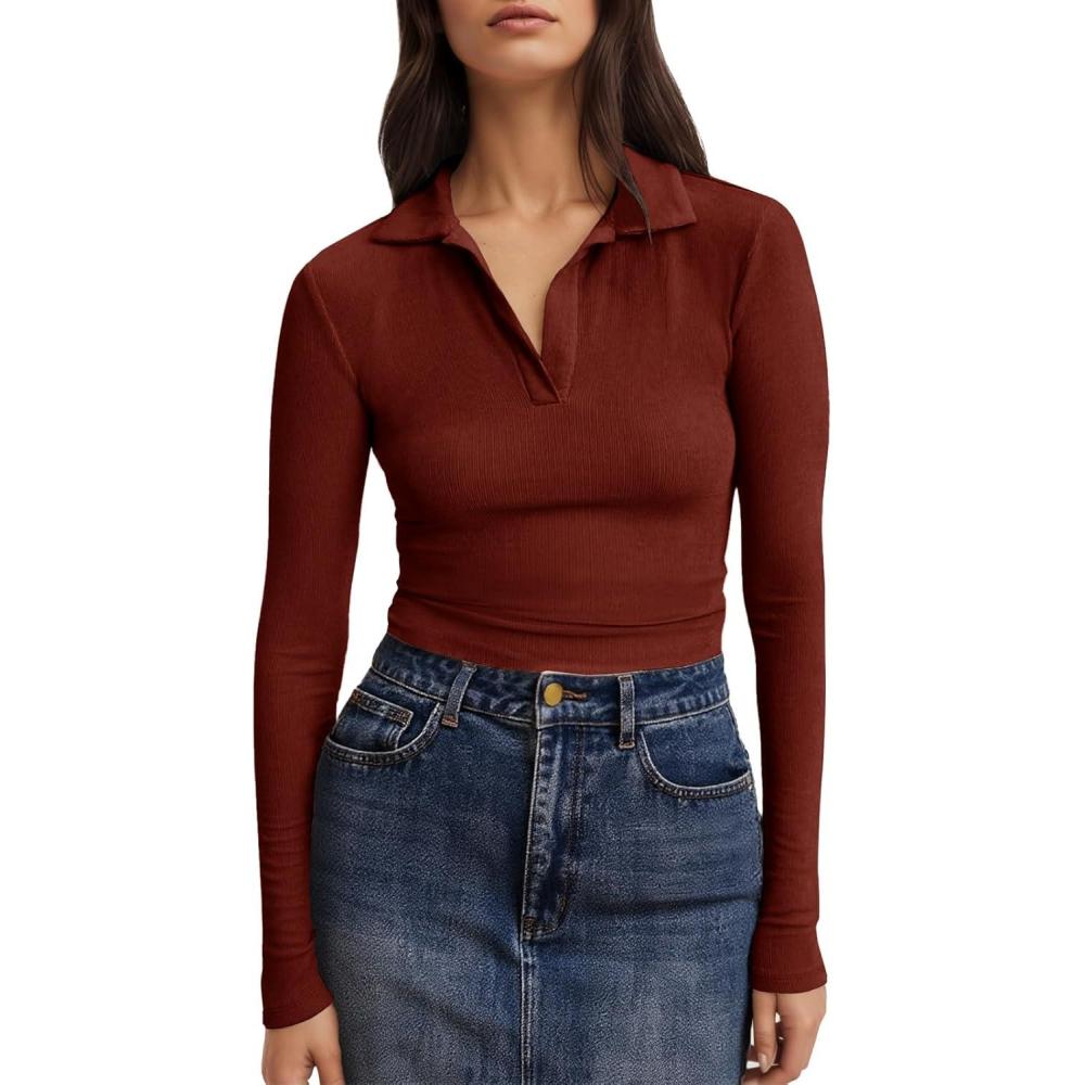 imageTankaneo Womens Long Sleeve Polo Shirts V Neck Collared Work Shirt Slim Fit Ribbed Knit Basic Going Out Fall TopsWine Red
