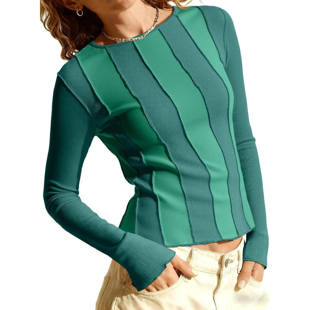 imageTankaneo Womens Long Sleeve TShirts Tops Striped Color Block Ribbed Slim Fitted Shirt Fall Fashion Going Out Y2K Tops 2025Dark Green