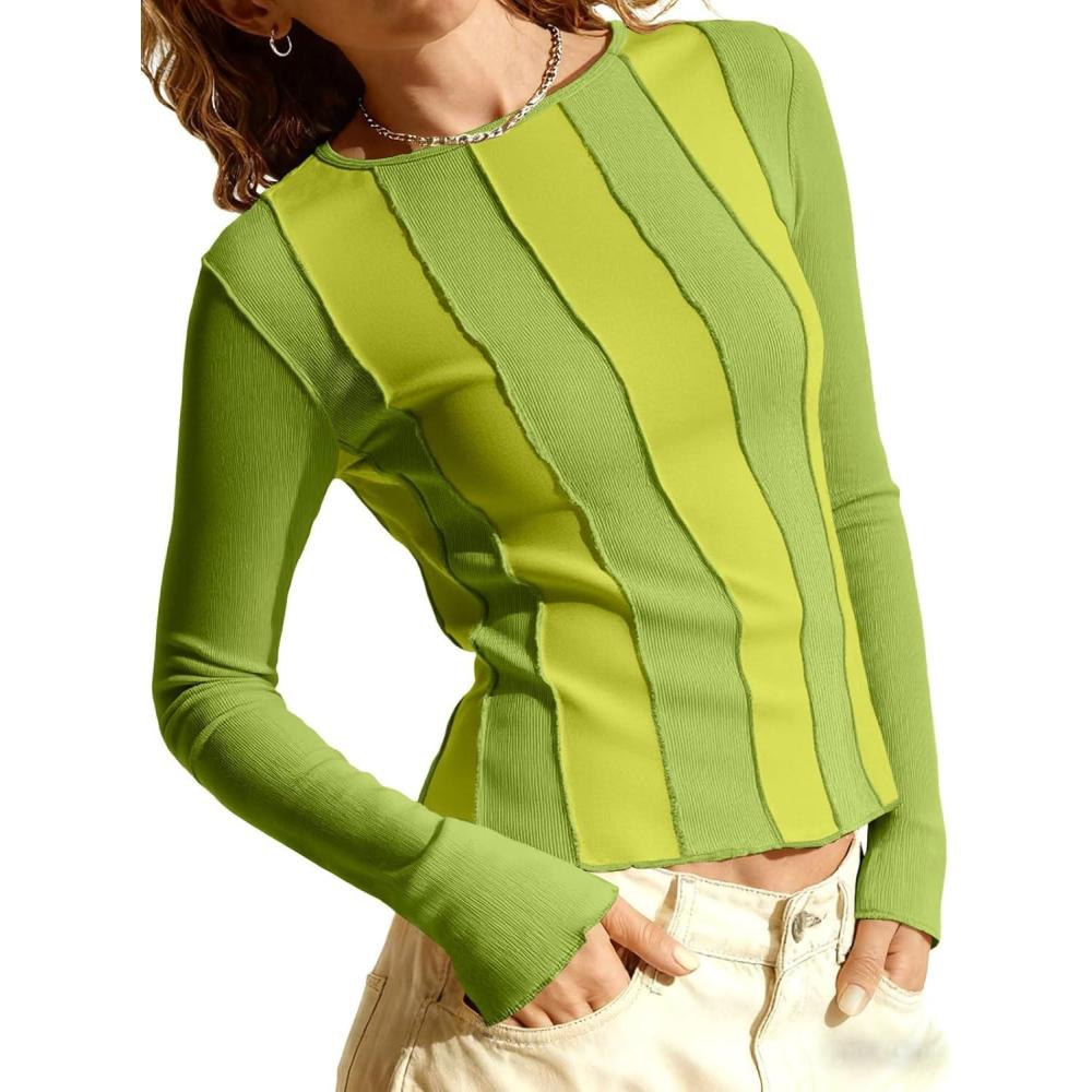 imageTankaneo Womens Long Sleeve TShirts Tops Striped Color Block Ribbed Slim Fitted Shirt Fall Fashion Going Out Y2K Tops 2025Light Green