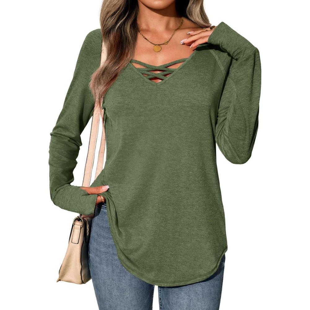 imageTankaneo Womens Long Sleeve V Neck Shirts Loose Fit Casual Tunic Tops Curved Hem Criss Cross with Thumb Hole T ShirtArmy Green