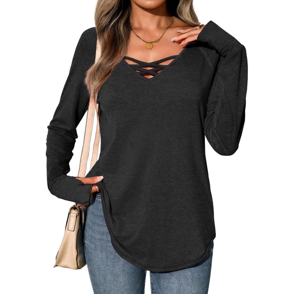 imageTankaneo Womens Long Sleeve V Neck Shirts Loose Fit Casual Tunic Tops Curved Hem Criss Cross with Thumb Hole T ShirtBlack