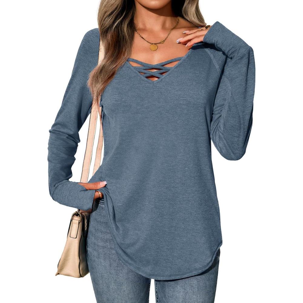 imageTankaneo Womens Long Sleeve V Neck Shirts Loose Fit Casual Tunic Tops Curved Hem Criss Cross with Thumb Hole T ShirtBluish Gray