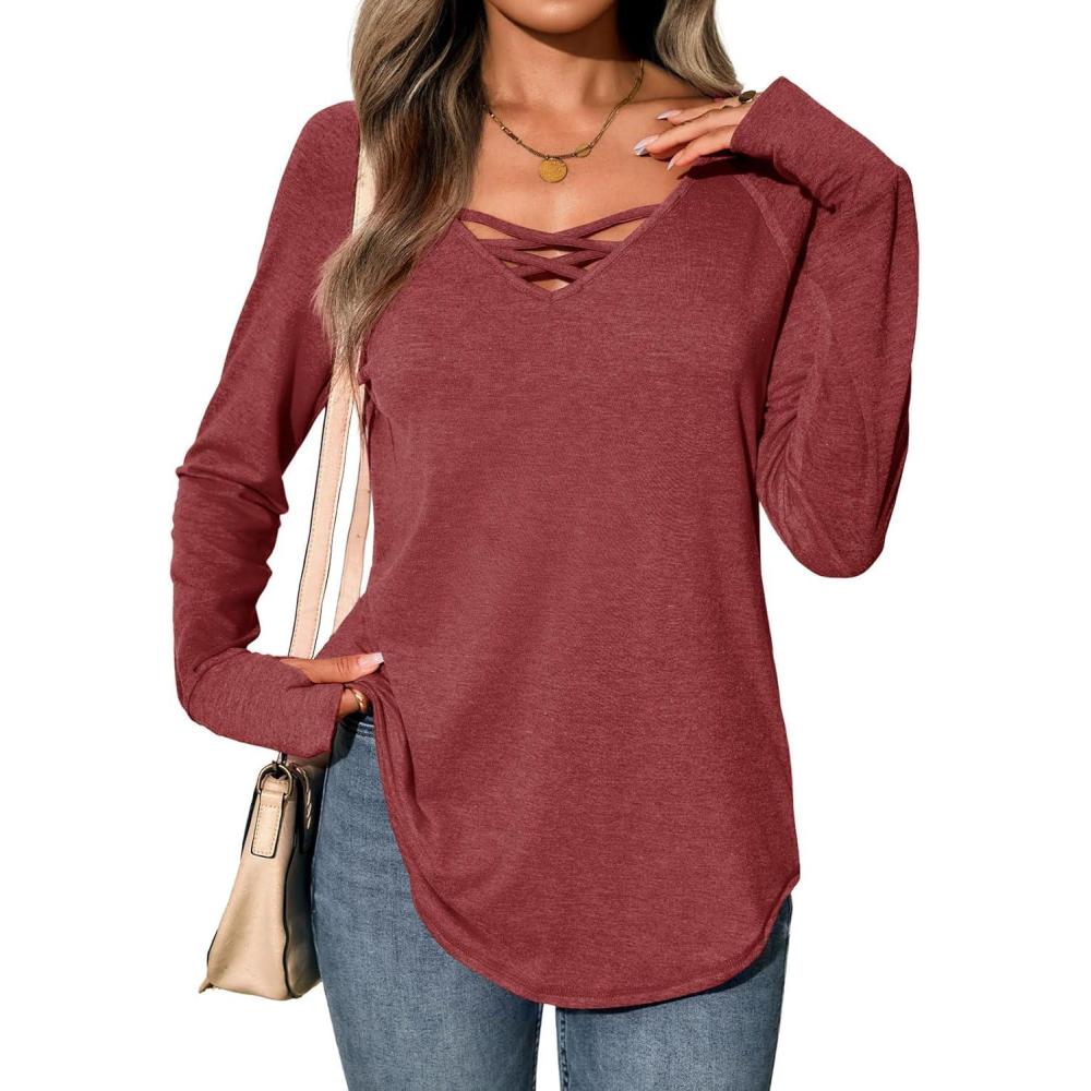 imageTankaneo Womens Long Sleeve V Neck Shirts Loose Fit Casual Tunic Tops Curved Hem Criss Cross with Thumb Hole T ShirtBurgundy