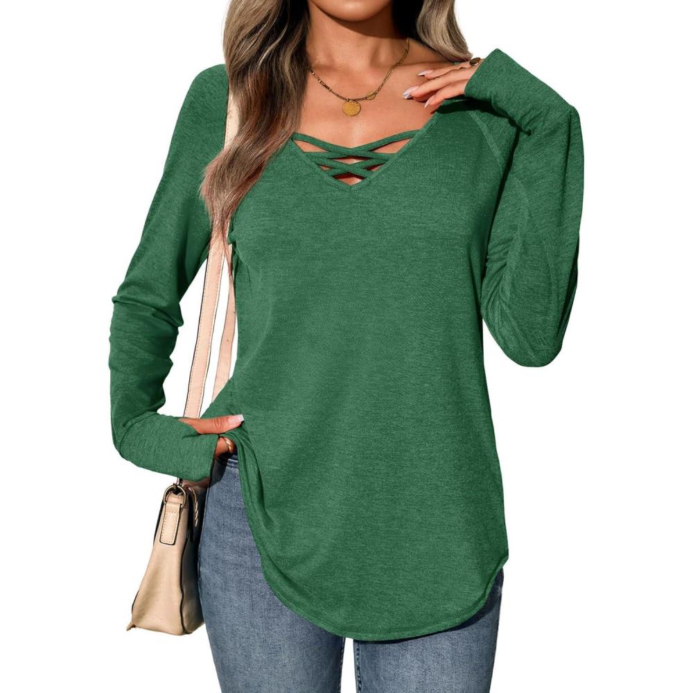 imageTankaneo Womens Long Sleeve V Neck Shirts Loose Fit Casual Tunic Tops Curved Hem Criss Cross with Thumb Hole T ShirtDark Green