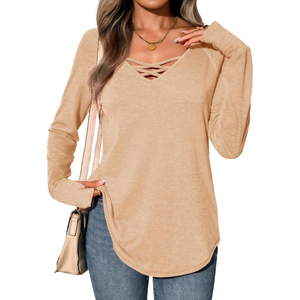 imageTankaneo Womens Long Sleeve V Neck Shirts Loose Fit Casual Tunic Tops Curved Hem Criss Cross with Thumb Hole T ShirtLight Khaki
