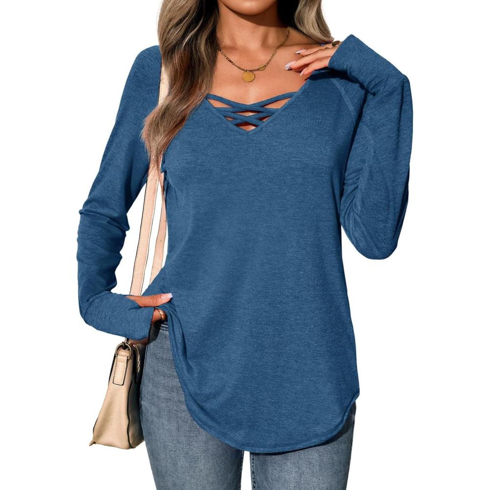 imageTankaneo Womens Long Sleeve V Neck Shirts Loose Fit Casual Tunic Tops Curved Hem Criss Cross with Thumb Hole T ShirtNavy