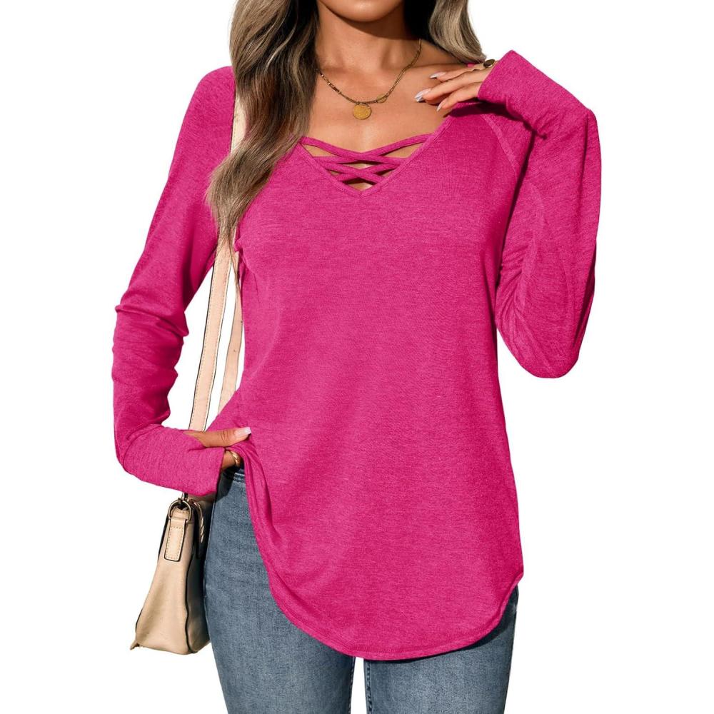 imageTankaneo Womens Long Sleeve V Neck Shirts Loose Fit Casual Tunic Tops Curved Hem Criss Cross with Thumb Hole T ShirtRose Red