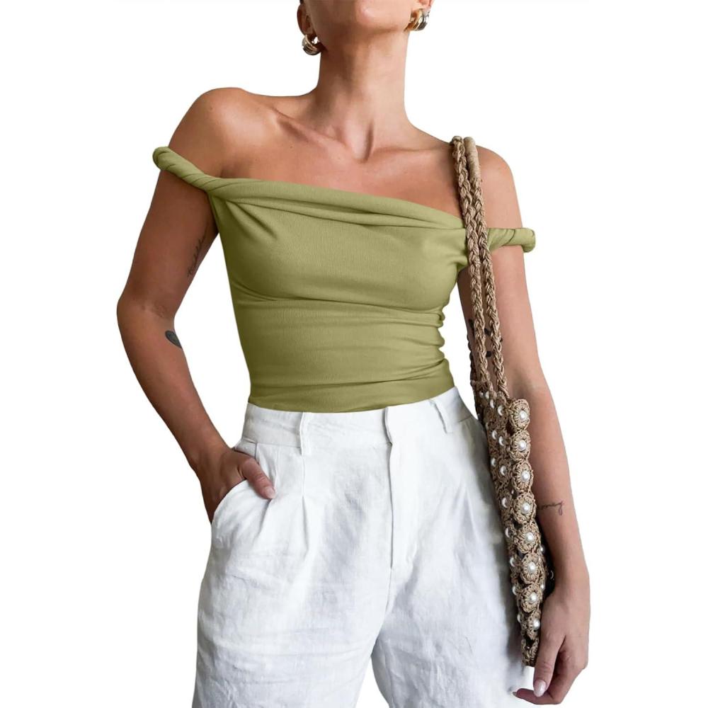imageTankaneo Womens Off The Shoulder Top Sleeveless Slim Fit Stretchy Tank Top Y2k Casual T ShirtsArmy Green