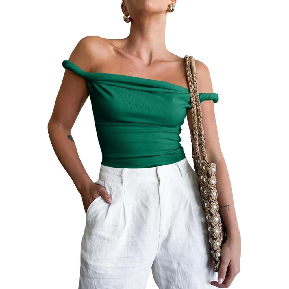 imageTankaneo Womens Off The Shoulder Top Sleeveless Slim Fit Stretchy Tank Top Y2k Casual T ShirtsBlackish Green