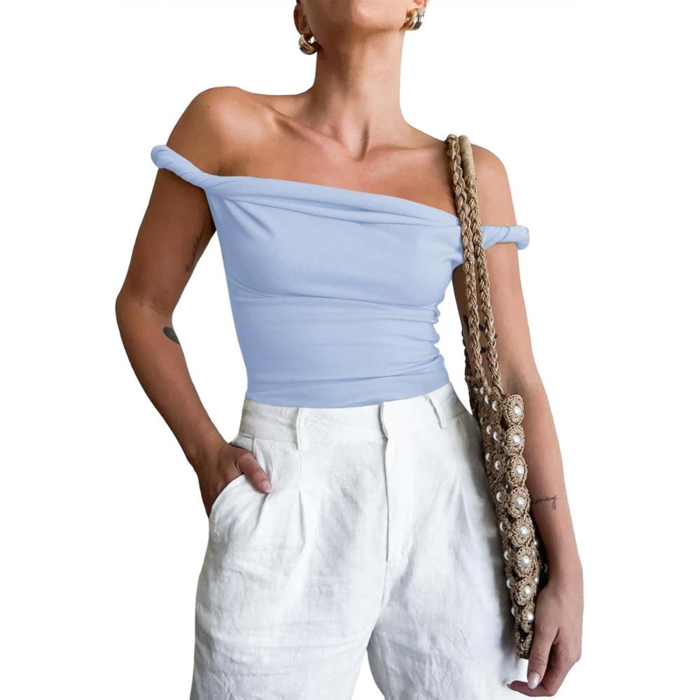 imageTankaneo Womens Off The Shoulder Top Sleeveless Slim Fit Stretchy Tank Top Y2k Casual T ShirtsBlue