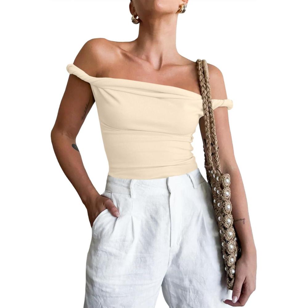 imageTankaneo Womens Off The Shoulder Top Sleeveless Slim Fit Stretchy Tank Top Y2k Casual T ShirtsOffwhite