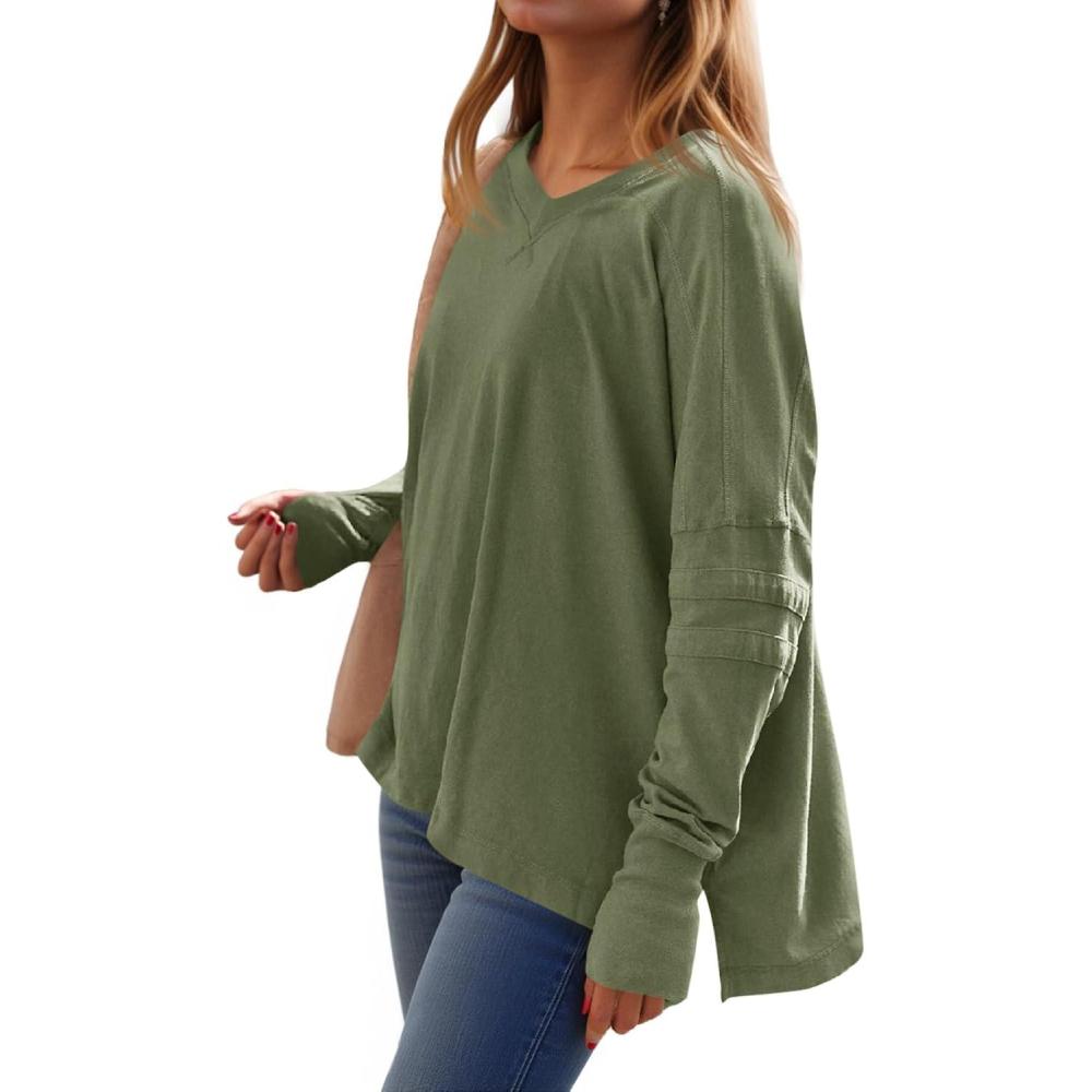 imageTankaneo Womens Oversized Long Sleeve Shirts V Neck Tshirts Casual Loose Fit Tunic Tops for Leggings with Thumb HolesArmy Green