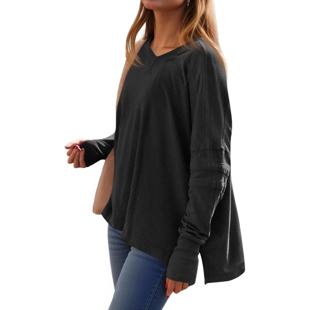 imageTankaneo Womens Oversized Long Sleeve Shirts V Neck Tshirts Casual Loose Fit Tunic Tops for Leggings with Thumb HolesBlack