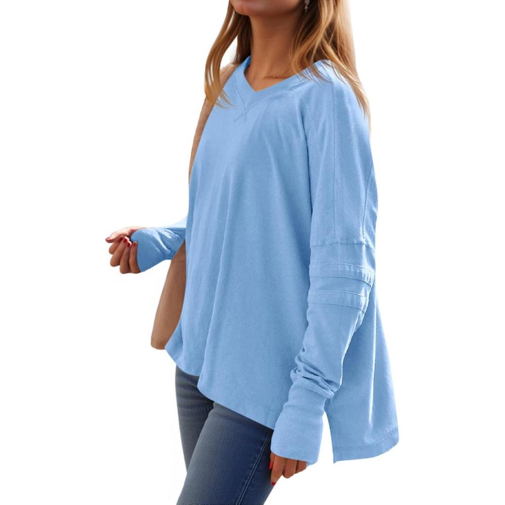 imageTankaneo Womens Oversized Long Sleeve Shirts V Neck Tshirts Casual Loose Fit Tunic Tops for Leggings with Thumb HolesBlue