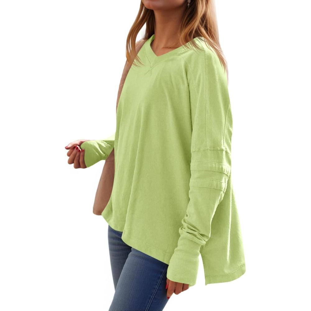 imageTankaneo Womens Oversized Long Sleeve Shirts V Neck Tshirts Casual Loose Fit Tunic Tops for Leggings with Thumb HolesFluorescent Green