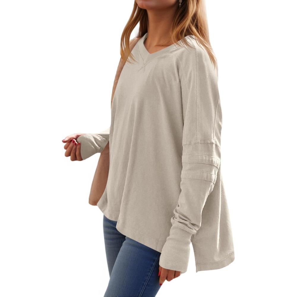 imageTankaneo Womens Oversized Long Sleeve Shirts V Neck Tshirts Casual Loose Fit Tunic Tops for Leggings with Thumb HolesKhaki