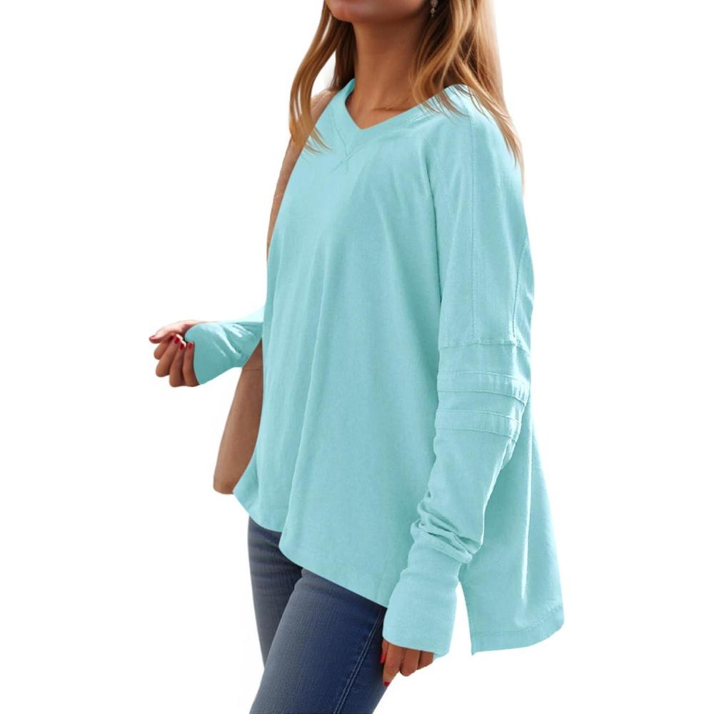 imageTankaneo Womens Oversized Long Sleeve Shirts V Neck Tshirts Casual Loose Fit Tunic Tops for Leggings with Thumb HolesLake Blue