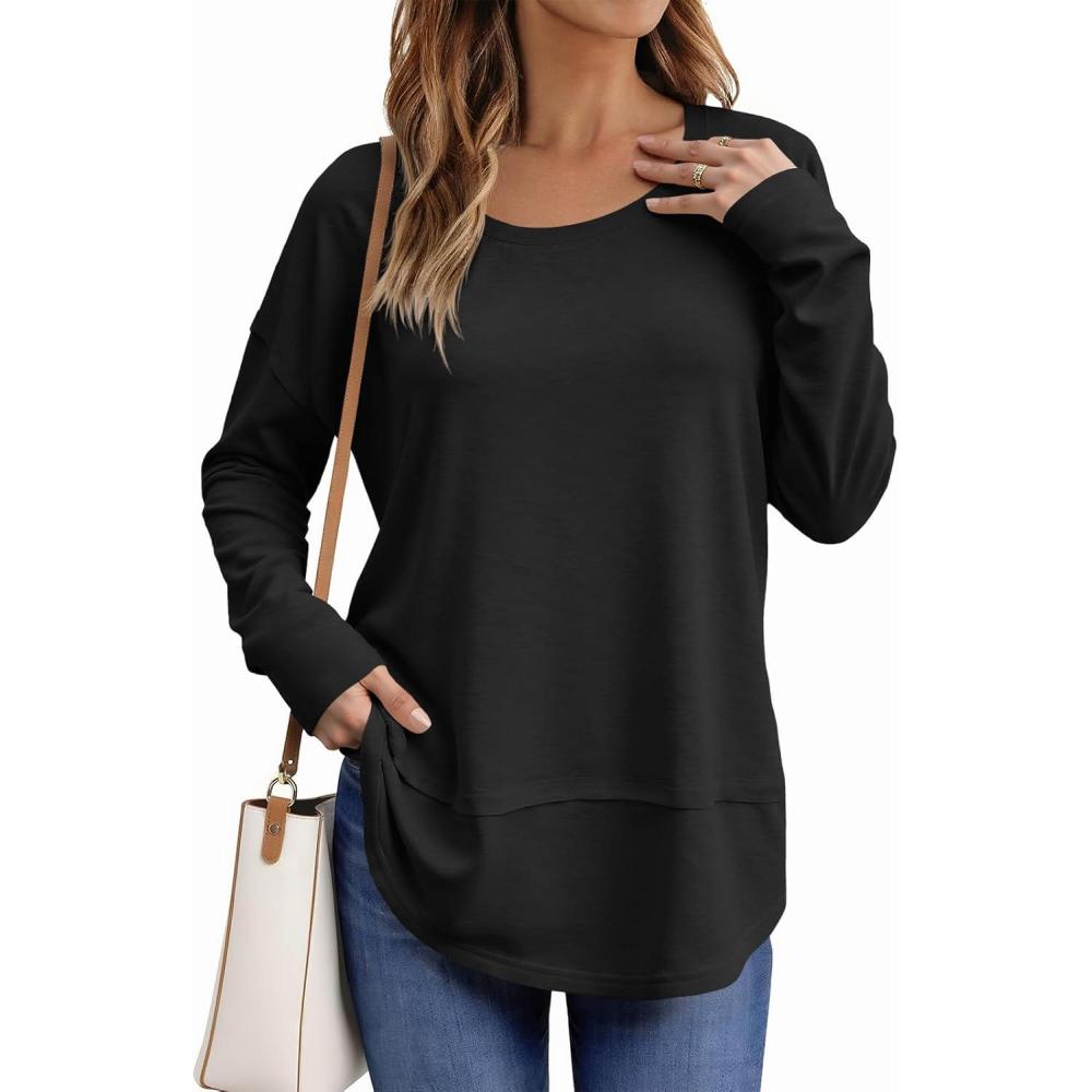 imageTankaneo Womens Oversized Scoop Neck Long Sleeve Shirts Casual Loose Fit Tunic Tops Fall Basic TeesBlack