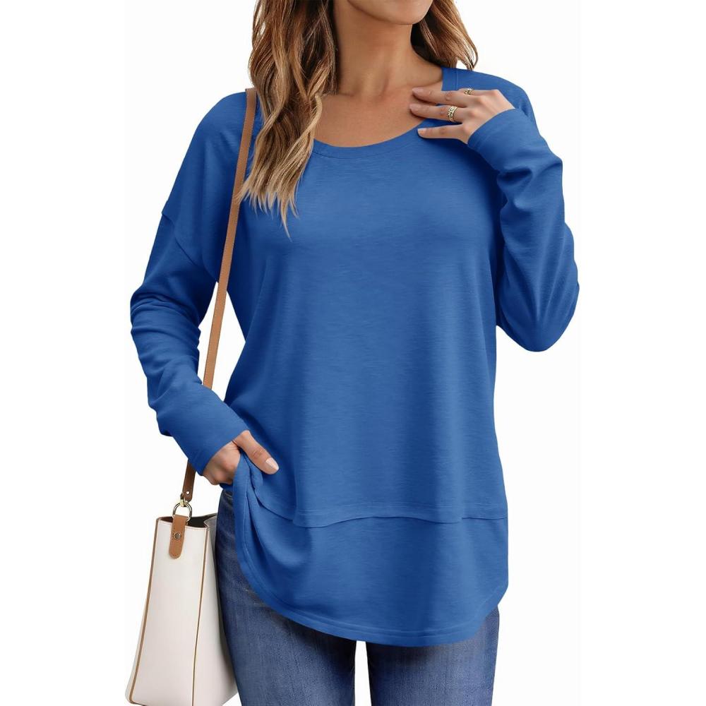imageTankaneo Womens Oversized Scoop Neck Long Sleeve Shirts Casual Loose Fit Tunic Tops Fall Basic TeesBlue