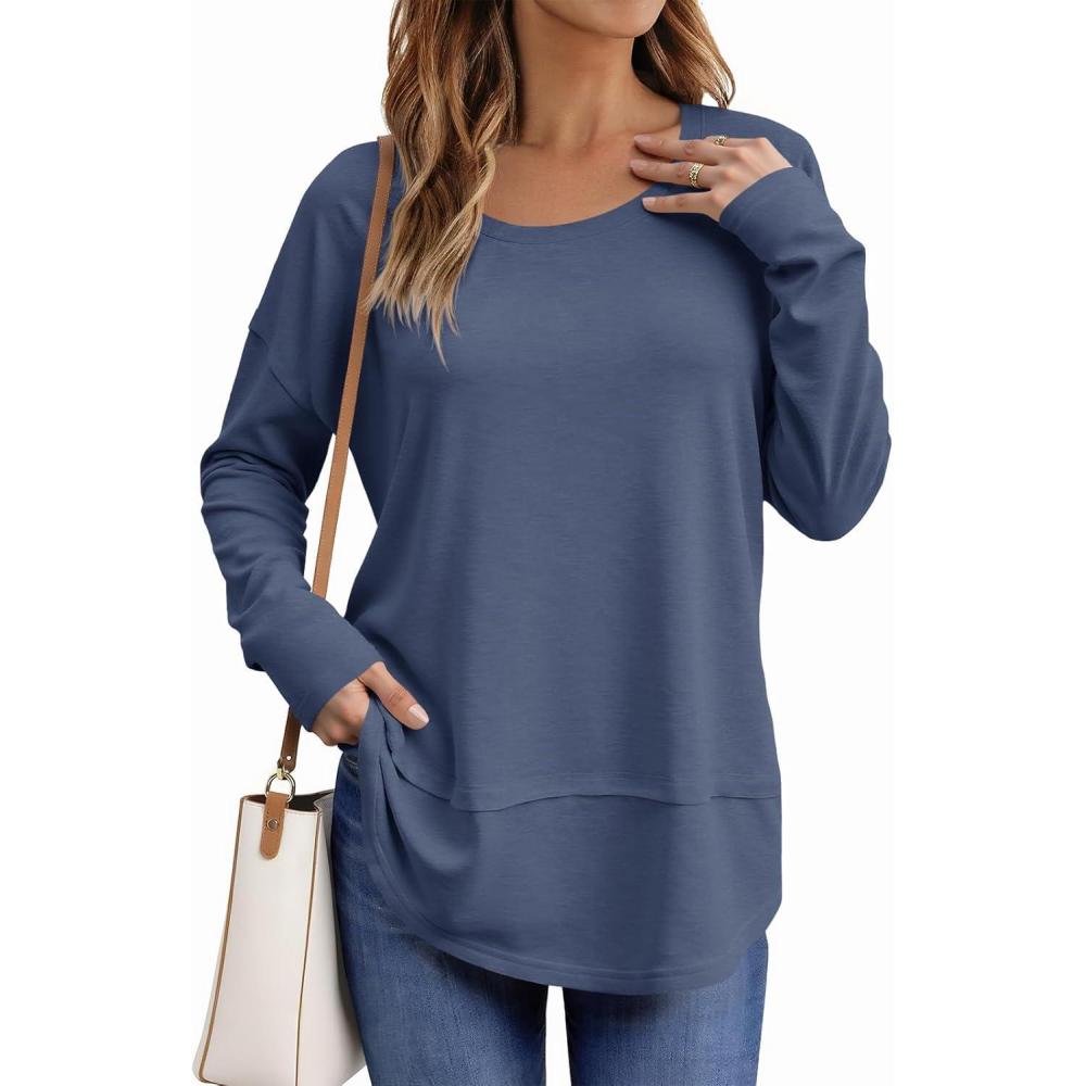 imageTankaneo Womens Oversized Scoop Neck Long Sleeve Shirts Casual Loose Fit Tunic Tops Fall Basic TeesNavy