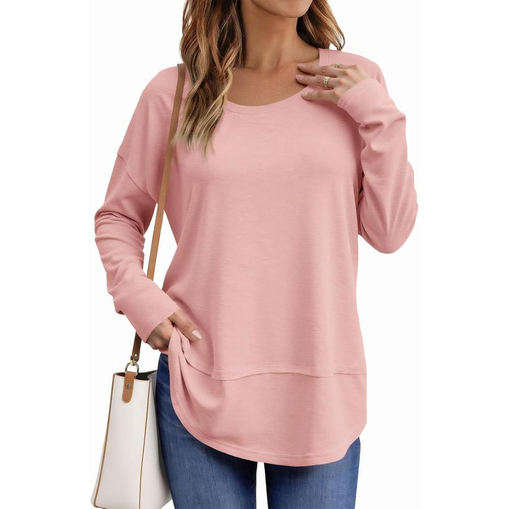 imageTankaneo Womens Oversized Scoop Neck Long Sleeve Shirts Casual Loose Fit Tunic Tops Fall Basic TeesPink