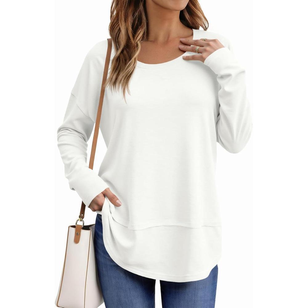 imageTankaneo Womens Oversized Scoop Neck Long Sleeve Shirts Casual Loose Fit Tunic Tops Fall Basic TeesWhite