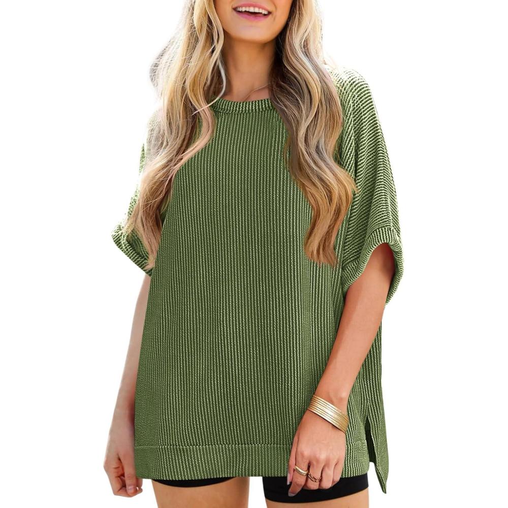 imageTankaneo Womens Oversized T Shirts Summer Casual Ribbed Batwing Short Sleeve Tunic Tops Loose Fit Dolman Sleeve TeesArmy Green